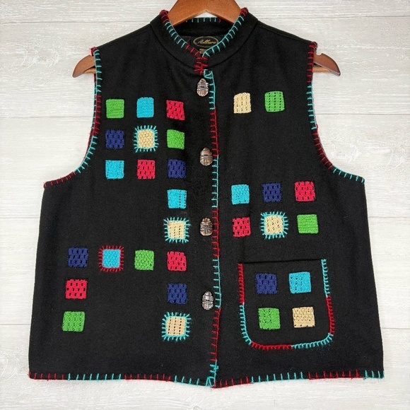 Unique Women's VNTG Allure Color Patchwork Wool Blend Black Vest Size Large - Picture 1 of 10
